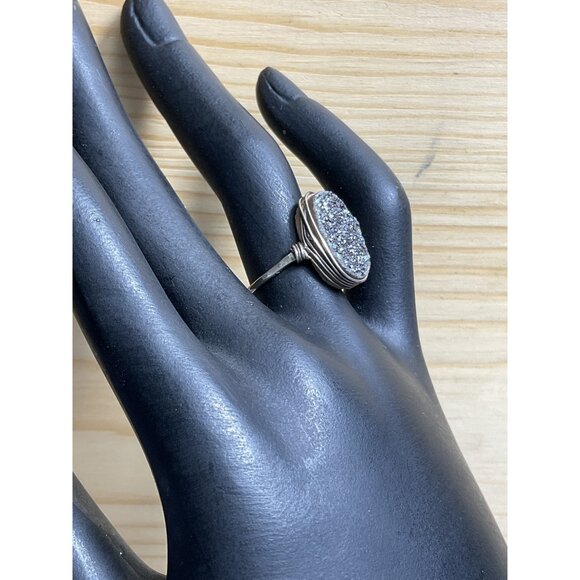 Silver Tone Wire Wrapped Druzy Stone Ring - Picture 2 of 4